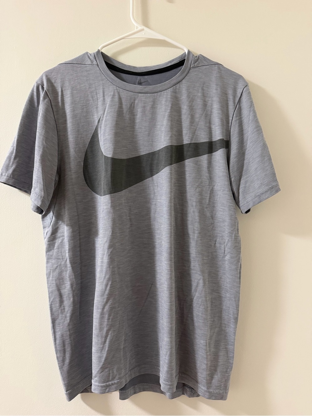 Nike Men's Gray Crew Neck Tee with Black Swoosh